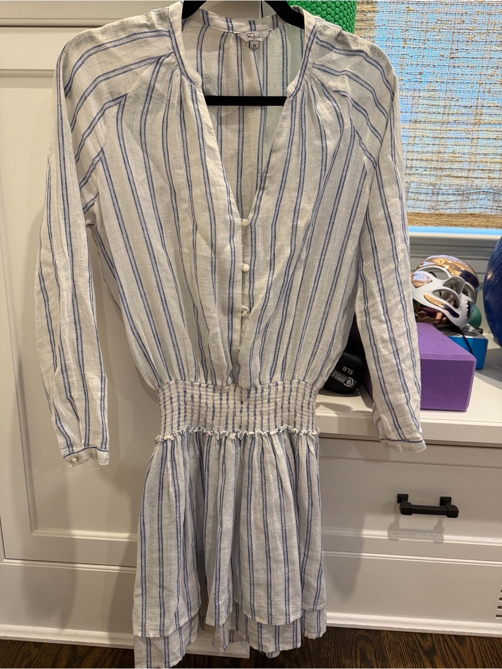 Rails White and Blue Striped Long Sleeve Smocked-Waist Dress